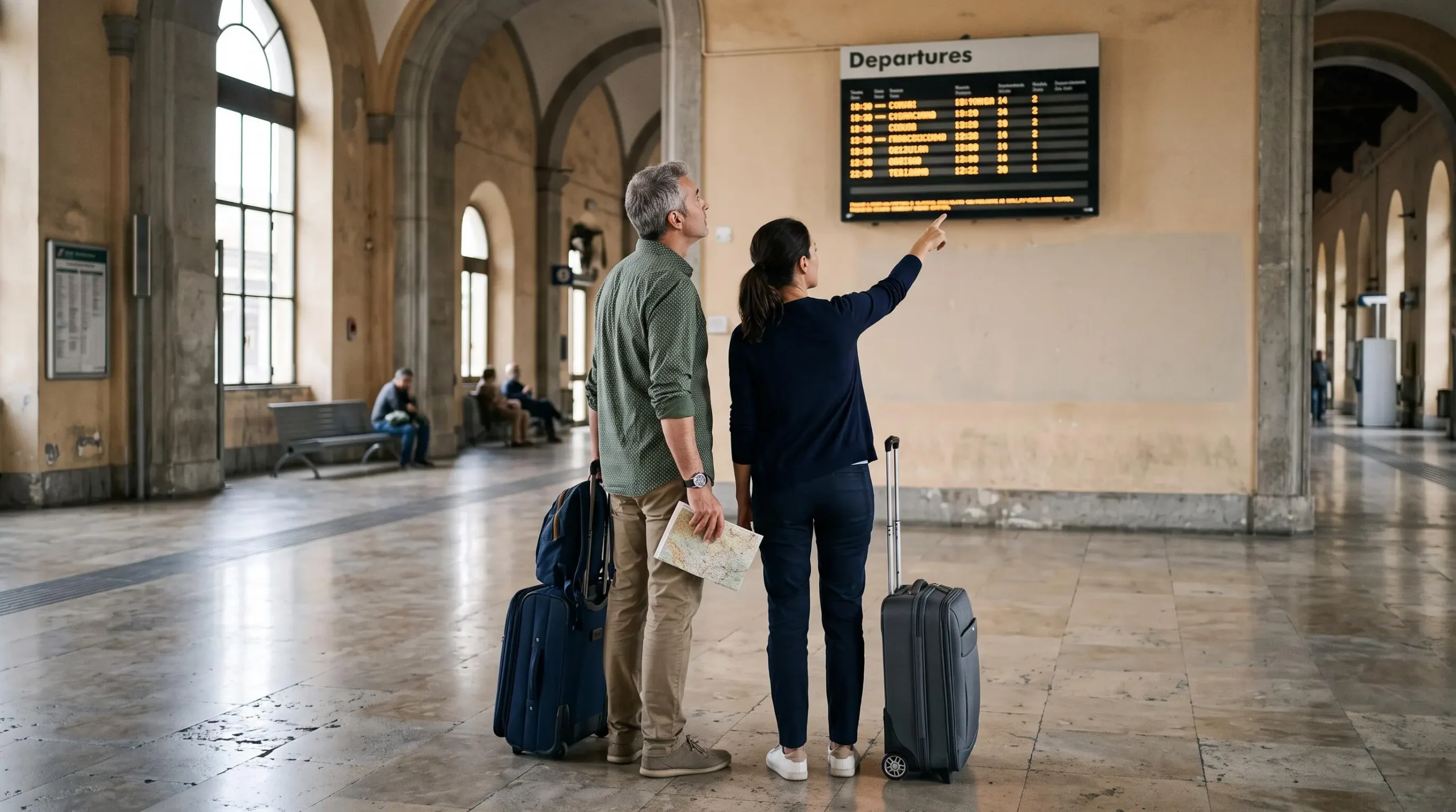 A couple with luggage studies a departures board in a Tuscan station hall, pointing to plan their next connection.