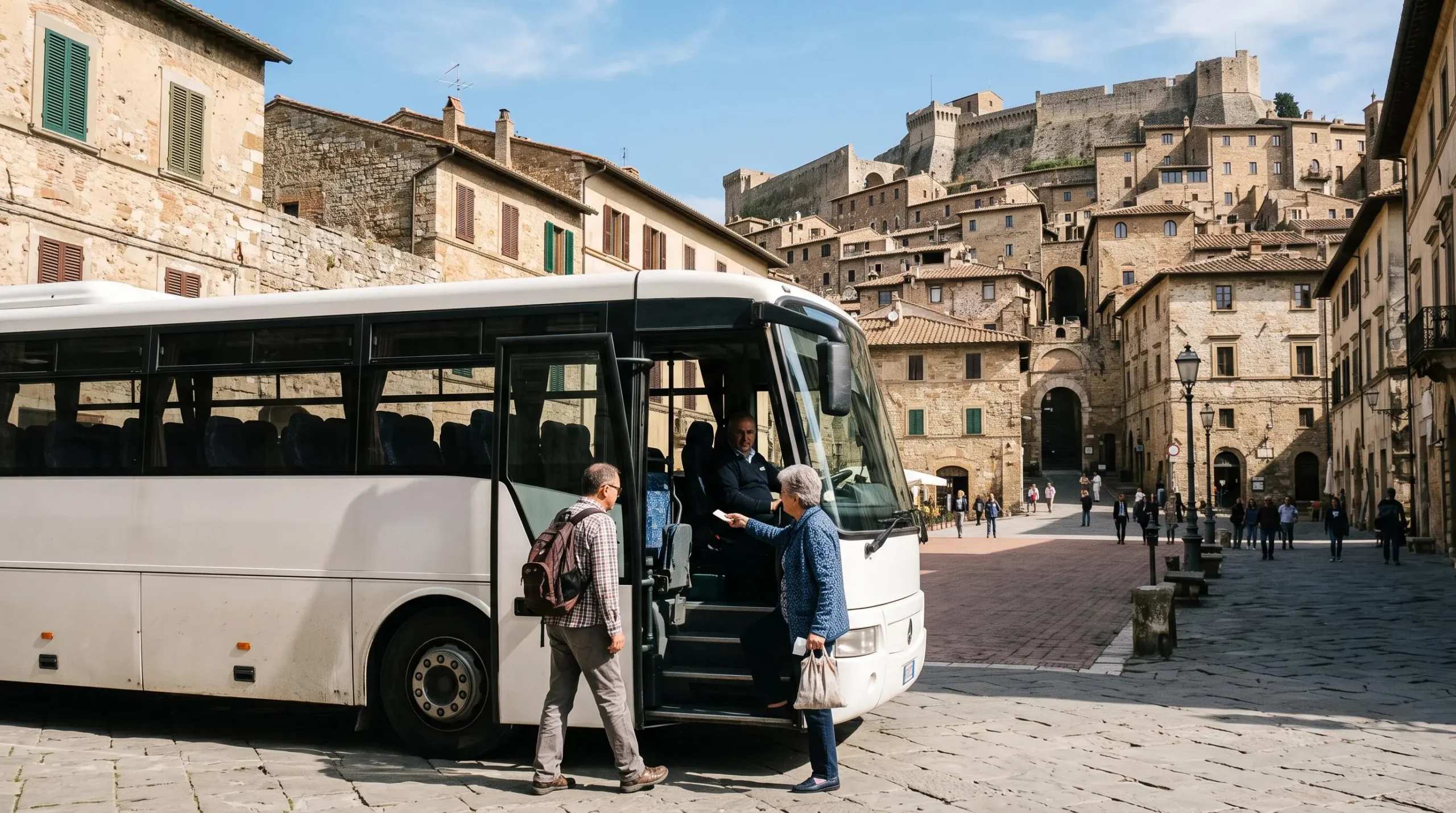 Passengers board a regional bus at a stone-paved square beneath a hilltop medieval town in Tuscany.