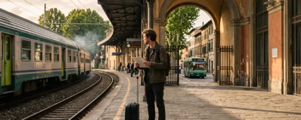 A traveller stands on a Tuscan station platform holding a timetable as a regional train departs, a city bus visible beyond the exit.