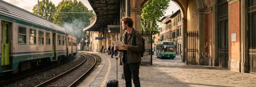A traveller stands on a Tuscan station platform holding a timetable as a regional train departs, a city bus visible beyond the exit.