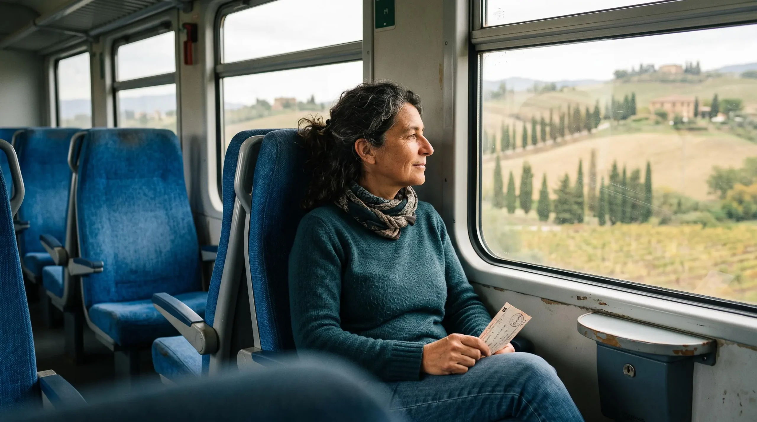 A woman sits by the window of a moving regional train in Tuscany, watching hills pass outside while holding a ticket.